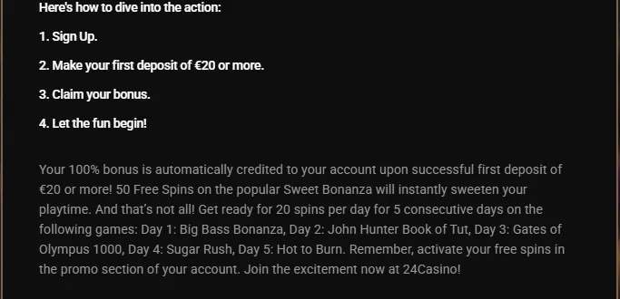 How to claim the 24Casino first deposit bonus — deposit €20, get 100% bonus and 50 free spins across top slot games